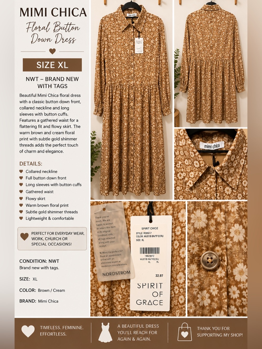 Mimi Chica Floral Button Front Maxi Dress Brown & Cream XL NWT